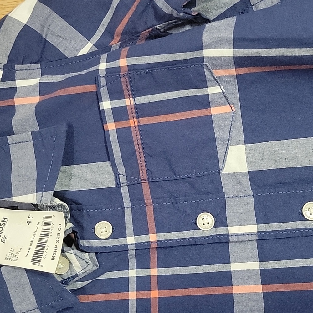 Boys 4T Button Up Plaid Collared Shirt in blue with white and orange stripes - Picture 7 of 7